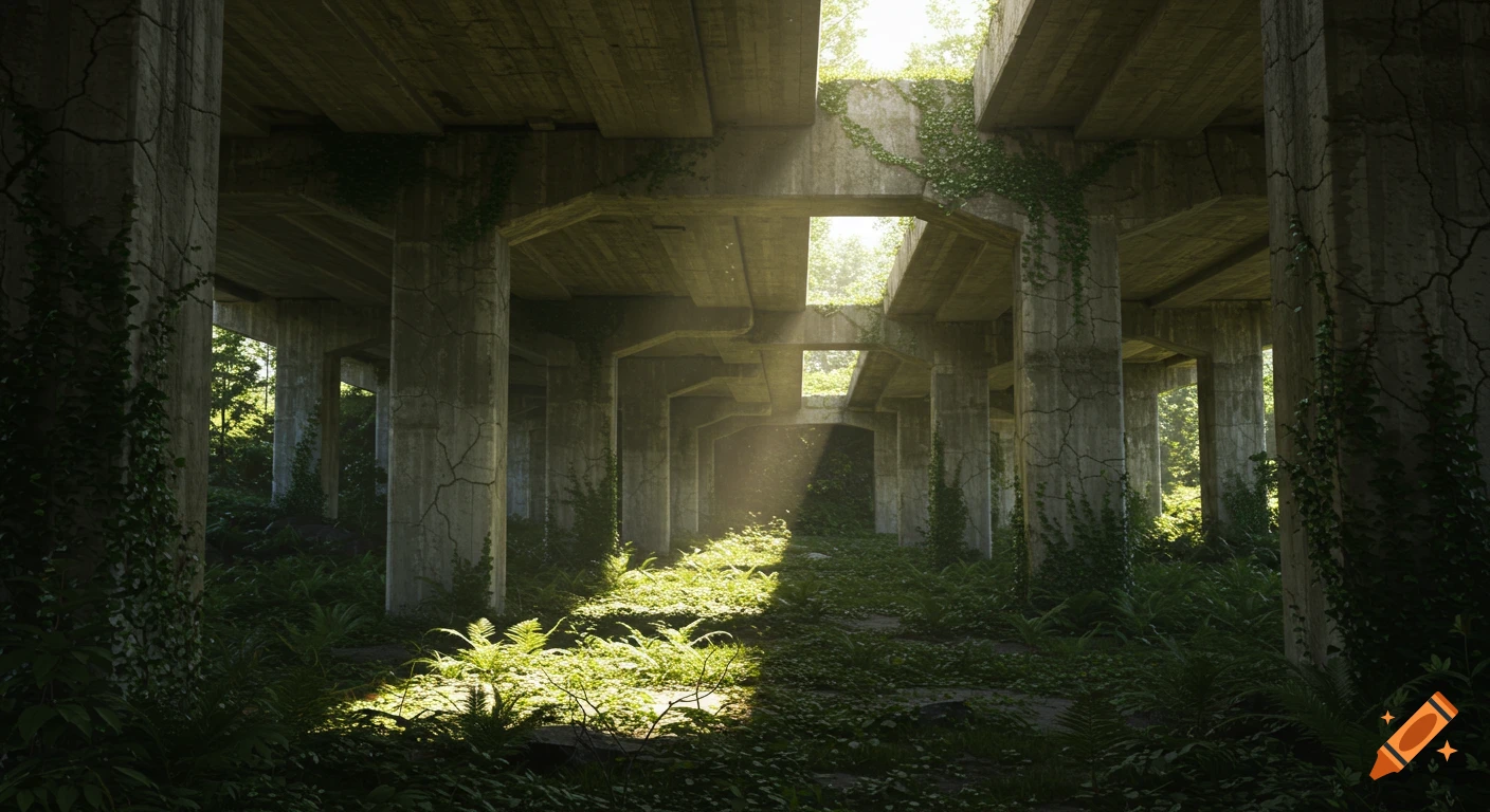 A photorealistic view of an overgrown concrete underpass, with sunlight shafts illuminating lush green ferns and vines climbing cracked columns.