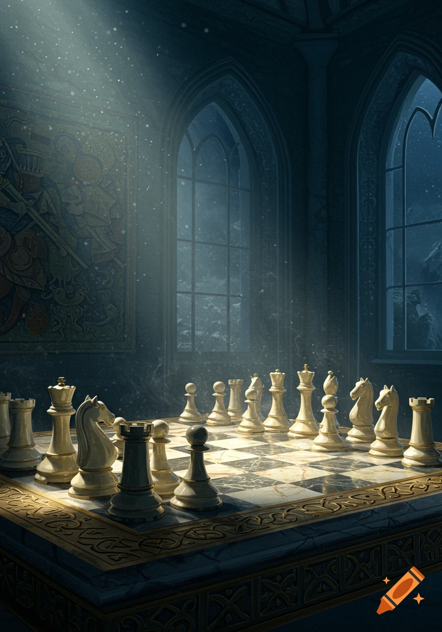 A dramatic, moody scene of a chess board set up in a grand, dimly lit gothic hall with large arched windows.