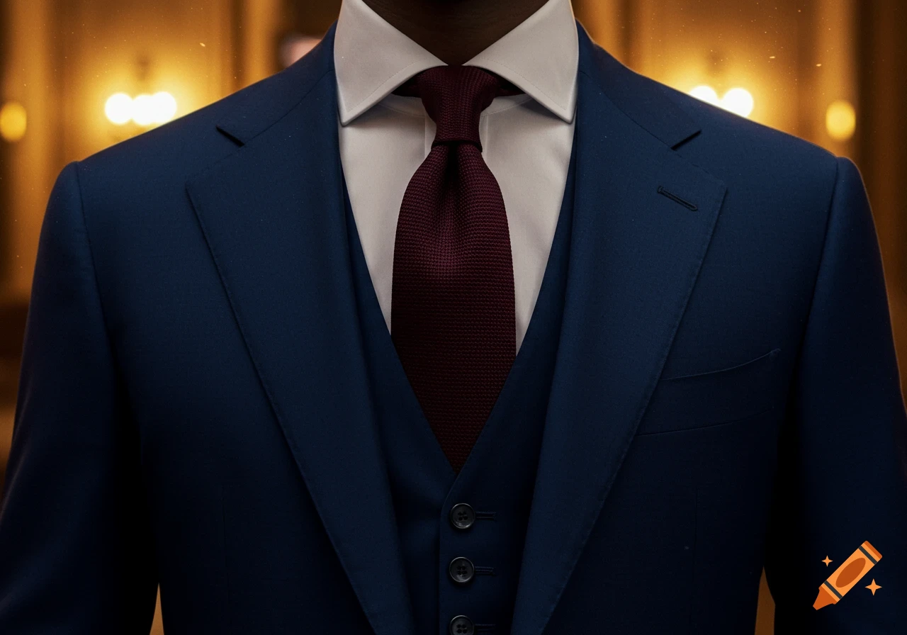 Close-up of a man in a navy blue three-piece suit with a white shirt and a dark red knit tie, against a blurred gold background.