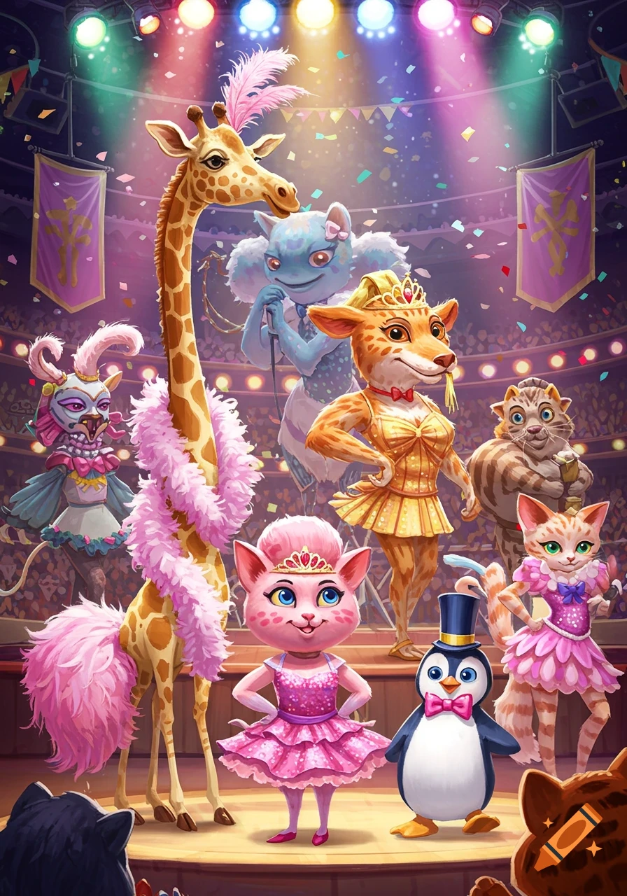 Colorful cartoon illustration of anthropomorphic animals, including a giraffe and cats, on a stage under bright lights with confetti.