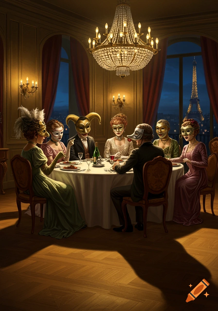 People in elaborate masks dining at a formal table in an elegant room with a night view of the Eiffel Tower.