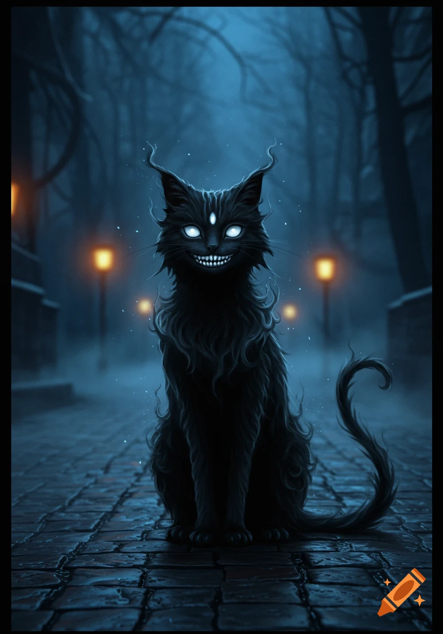 A dark fantasy illustration of a black cat with glowing white eyes and a wide, toothy human-like smile, sitting on a foggy cobblestone street at night.