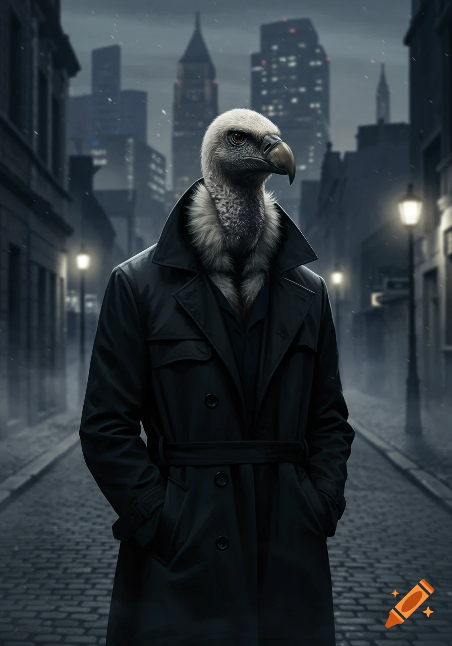 Photorealistic anthropomorphic vulture in a black trench coat, standing on a rainy cobblestone city street at night.