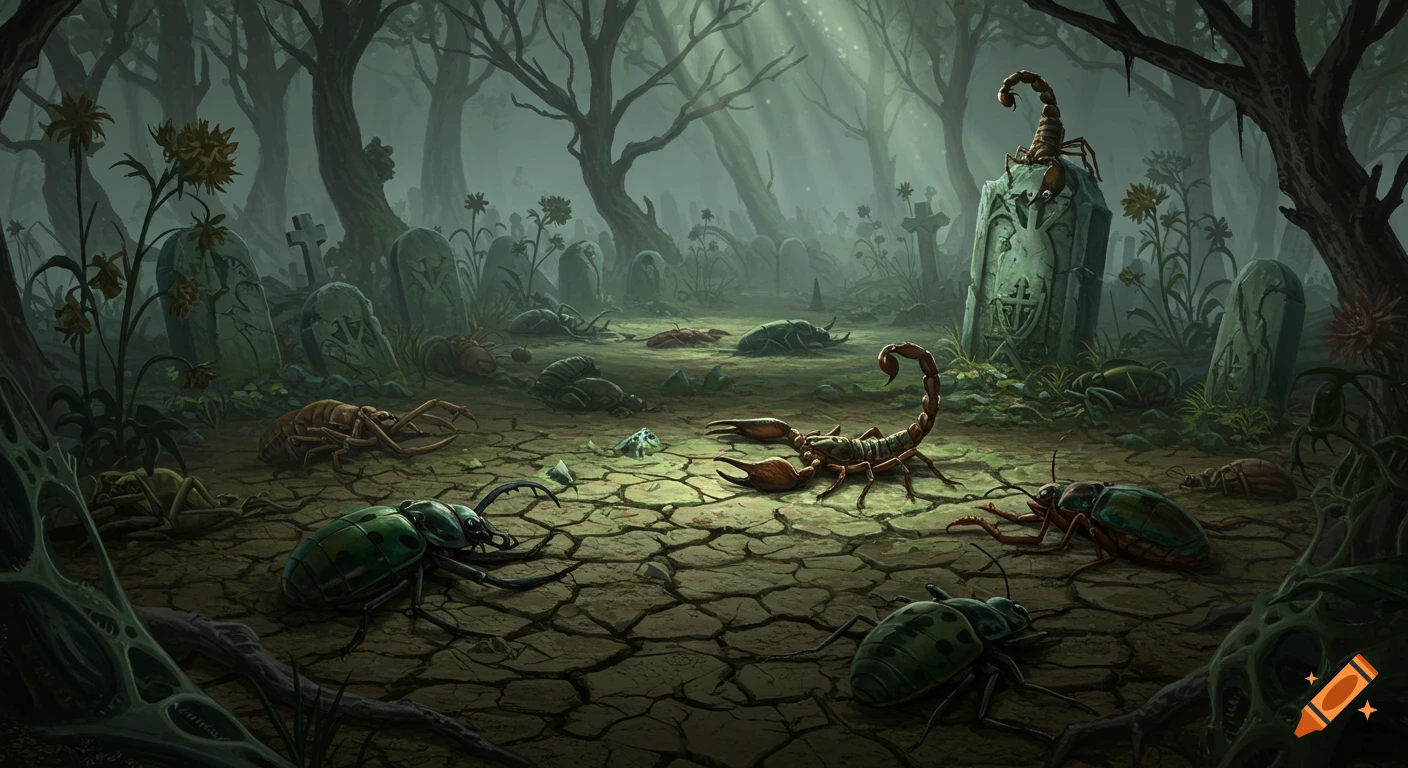 Dark fantasy art of scorpions and insects in a misty graveyard with gravestones and dead trees on cracked earth.