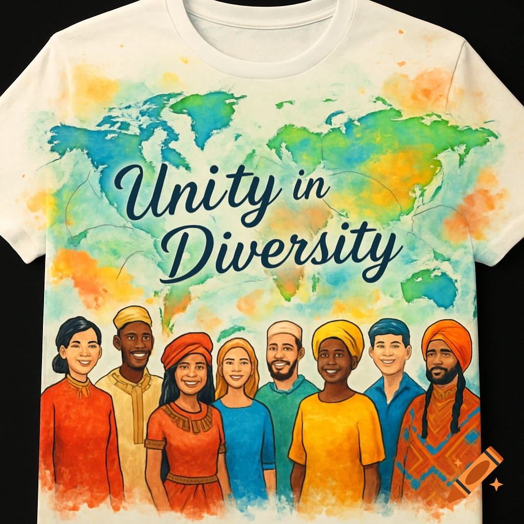 White t-shirt with a watercolor world map, "Unity in Diversity" text, and a diverse group of cartoon-style people.