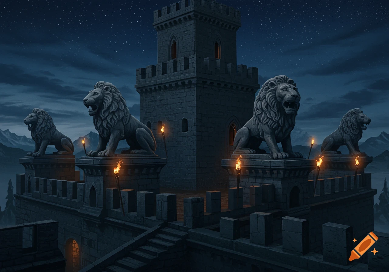 A dark fantasy castle at night with four roaring lion statues on its ramparts, under a starry sky.