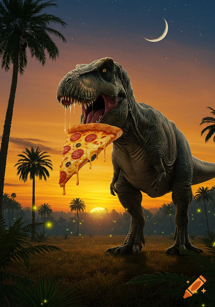A detailed T-Rex eating a pepperoni and olive pizza slice with melting cheese in a vibrant tropical sunset scene with palm trees and a crescent moon.