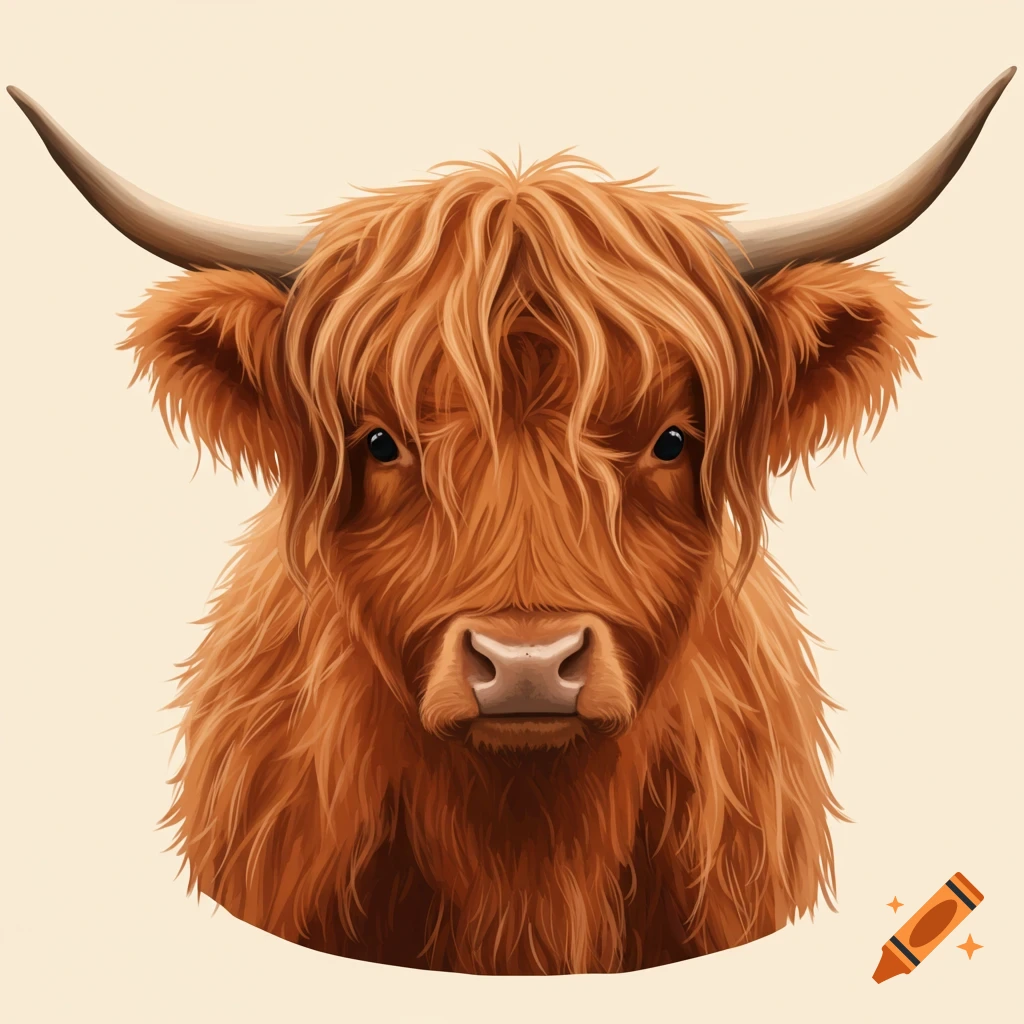 Stylized illustration of a reddish-brown highland cow's head with shaggy fur and horns, no background.