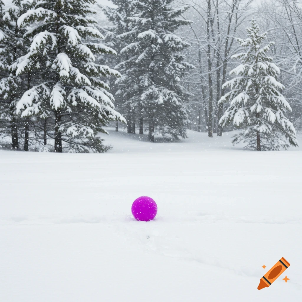 A vibrant pink ball sits in the middle of a snow-covered forest with evergreen trees, during a gentle snowfall.