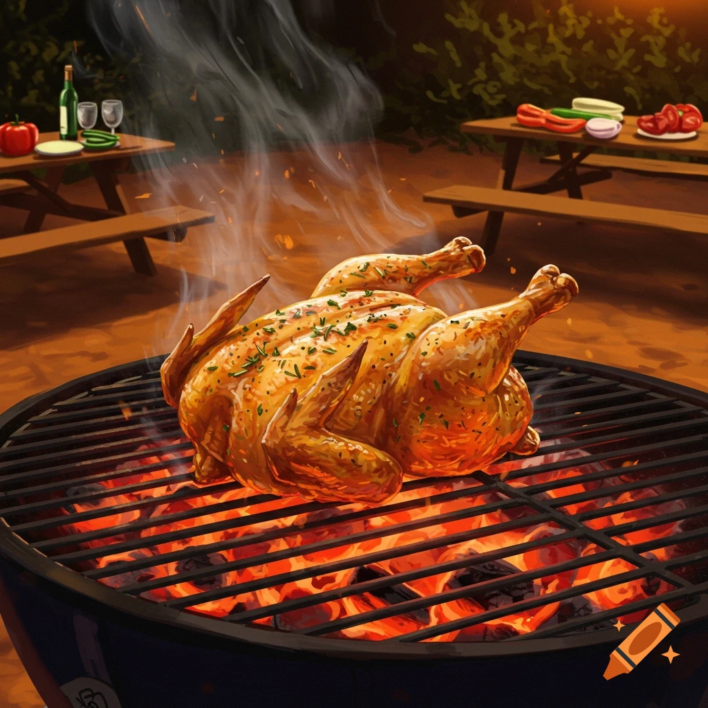 A whole roasted chicken grilling over hot coals with smoke rising at an outdoor barbecue scene.