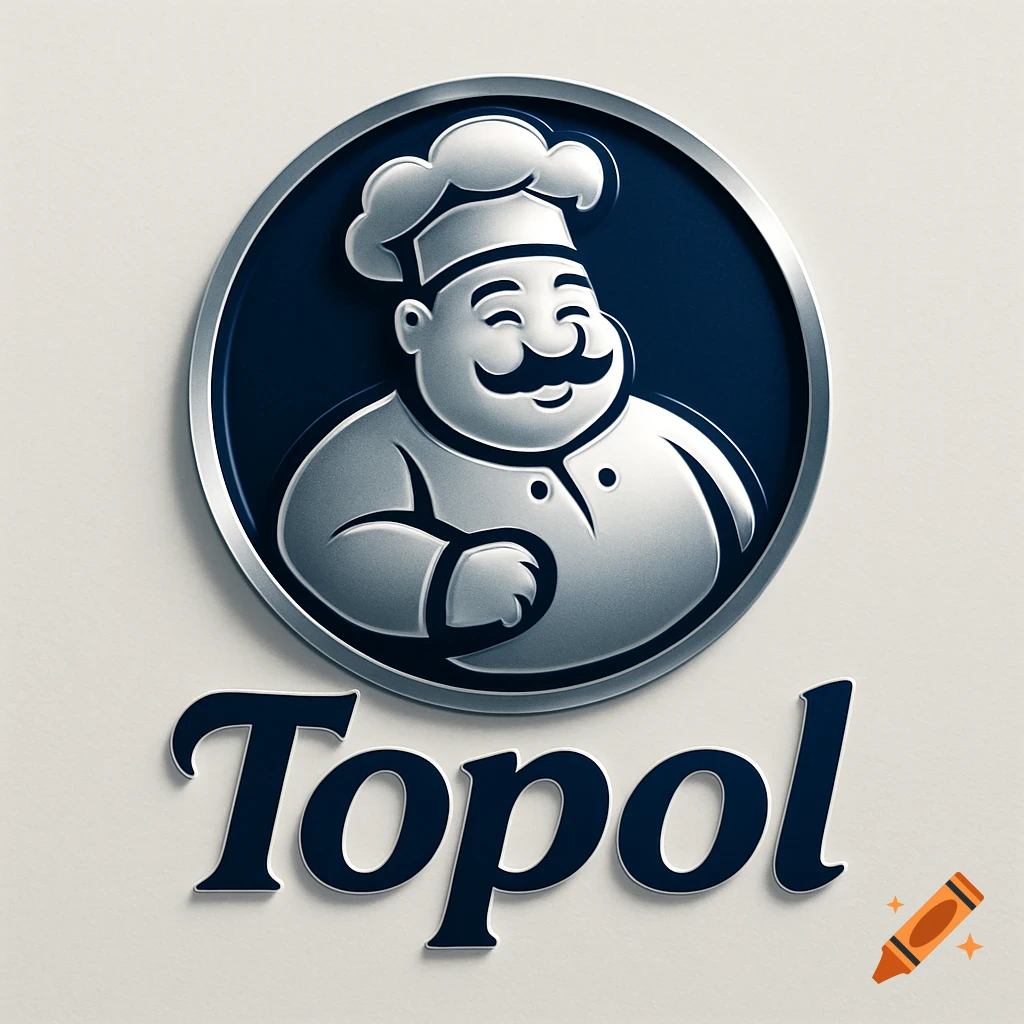 A 3D silver and dark blue circular logo of a plump, smiling cartoon chef with a mustache and chef's hat, above the word "Topol".