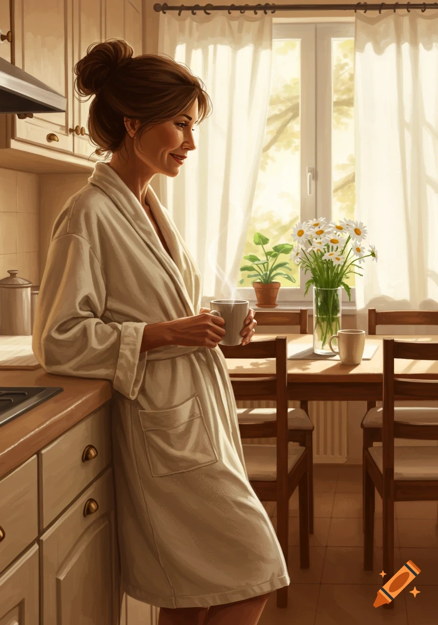 Illustrated portrait of a smiling middle-aged woman in a bathrobe, leaning on a kitchen counter with a steaming mug.