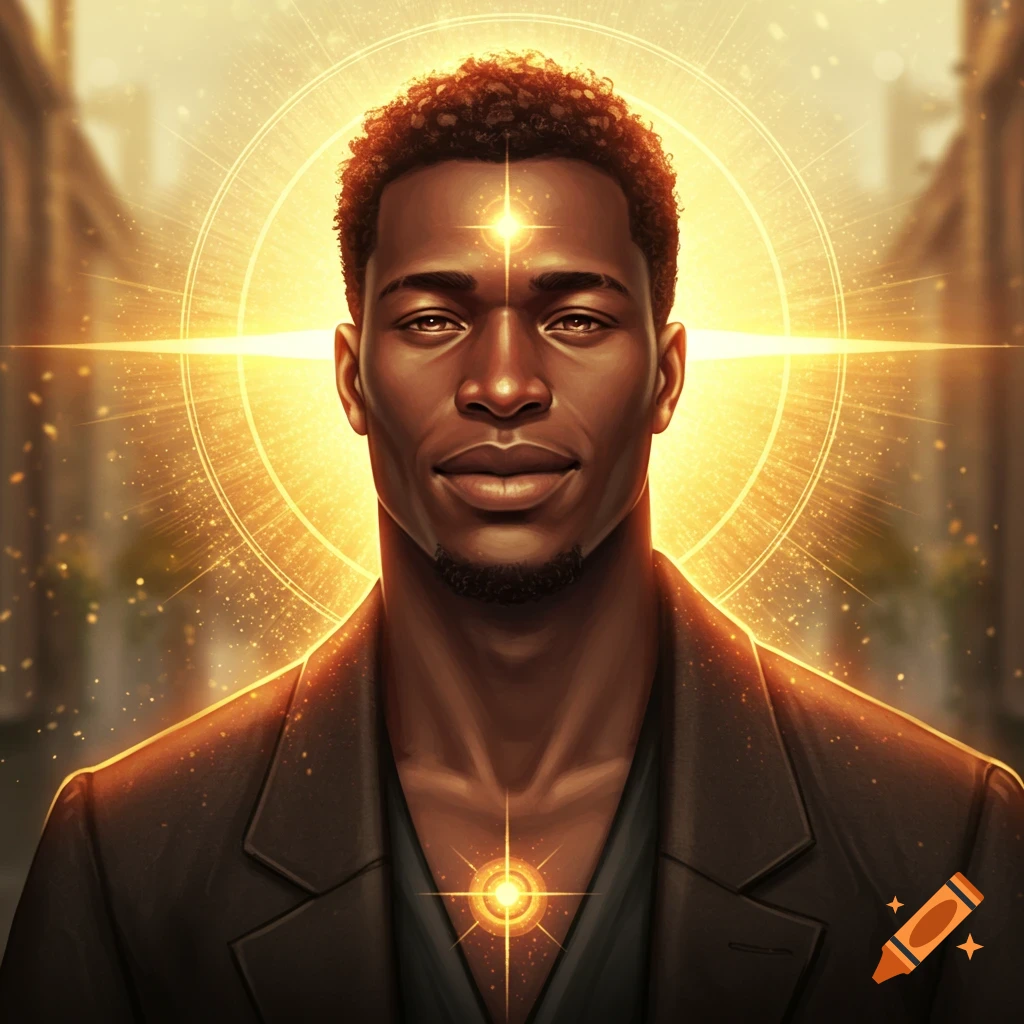 A semi-realistic portrait of a dark-skinned man with curly hair and a golden, spiritual aura against a blurred city street.