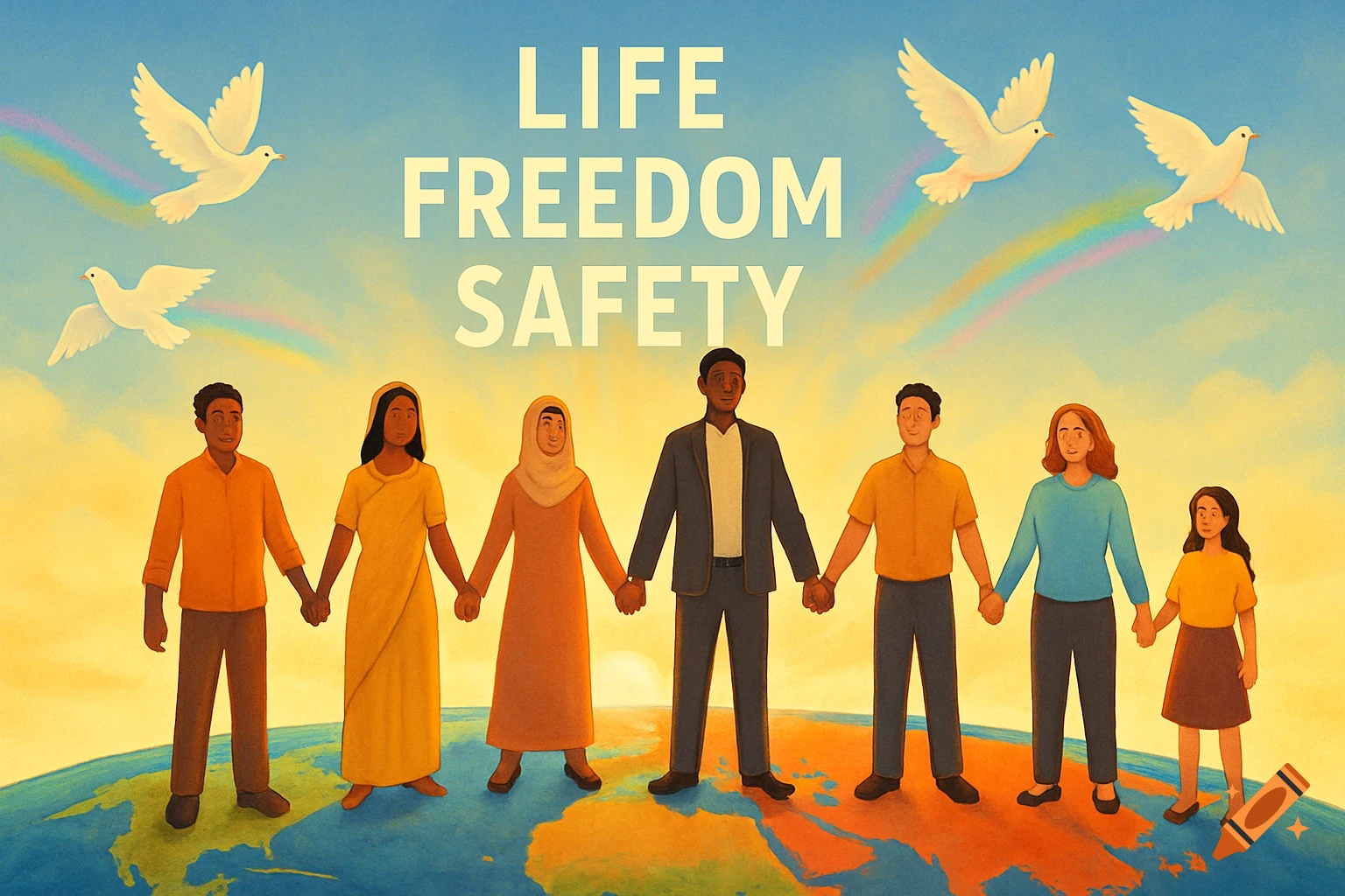 Diverse group of people holding hands on a globe with text "LIFE FREEDOM SAFETY", doves, and rainbows.