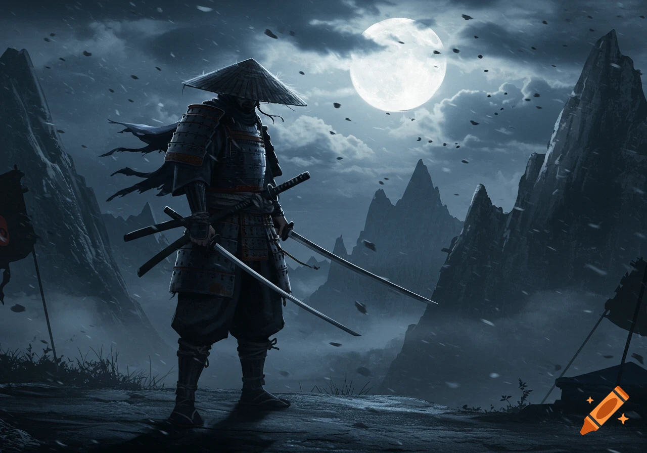 A lone samurai in full armor and a conical hat stands on a rocky peak, holding two katanas under a large full moon in a snowy, mountainous night scene, digital art.