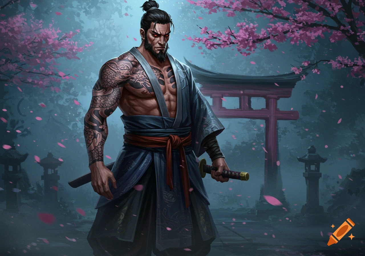 Muscular samurai with tattoos and red eyes, wearing a kimono and holding a katana, stands in a cherry blossom garden with a torii gate.