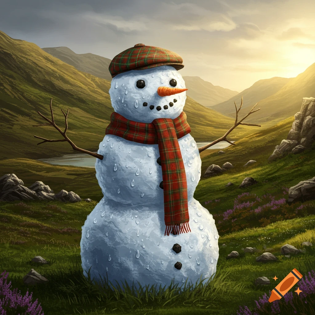 A sweating snowman wearing a plaid hat and scarf stands in a lush green mountainous landscape with a lake and dramatic sky.