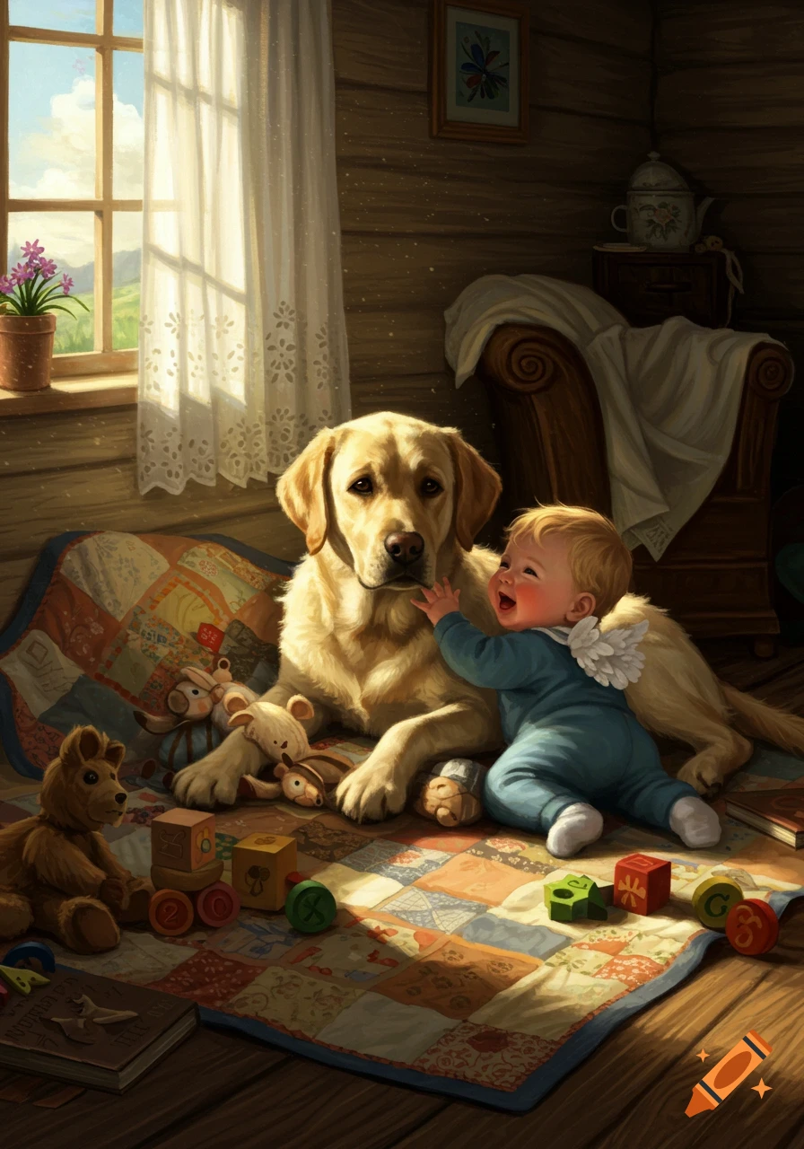 A golden retriever dog lies on a patchwork quilt with a smiling baby, surrounded by toys in a sunny room. Painterly style.