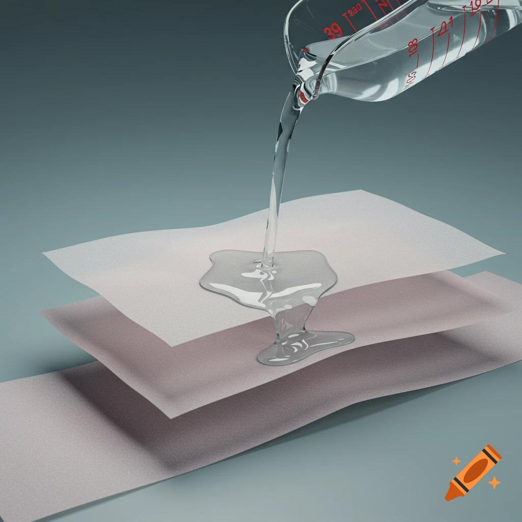 Clear liquid pours from a measuring cylinder onto three layers of light-colored fabric, spread on a gray background, creating a puddle.