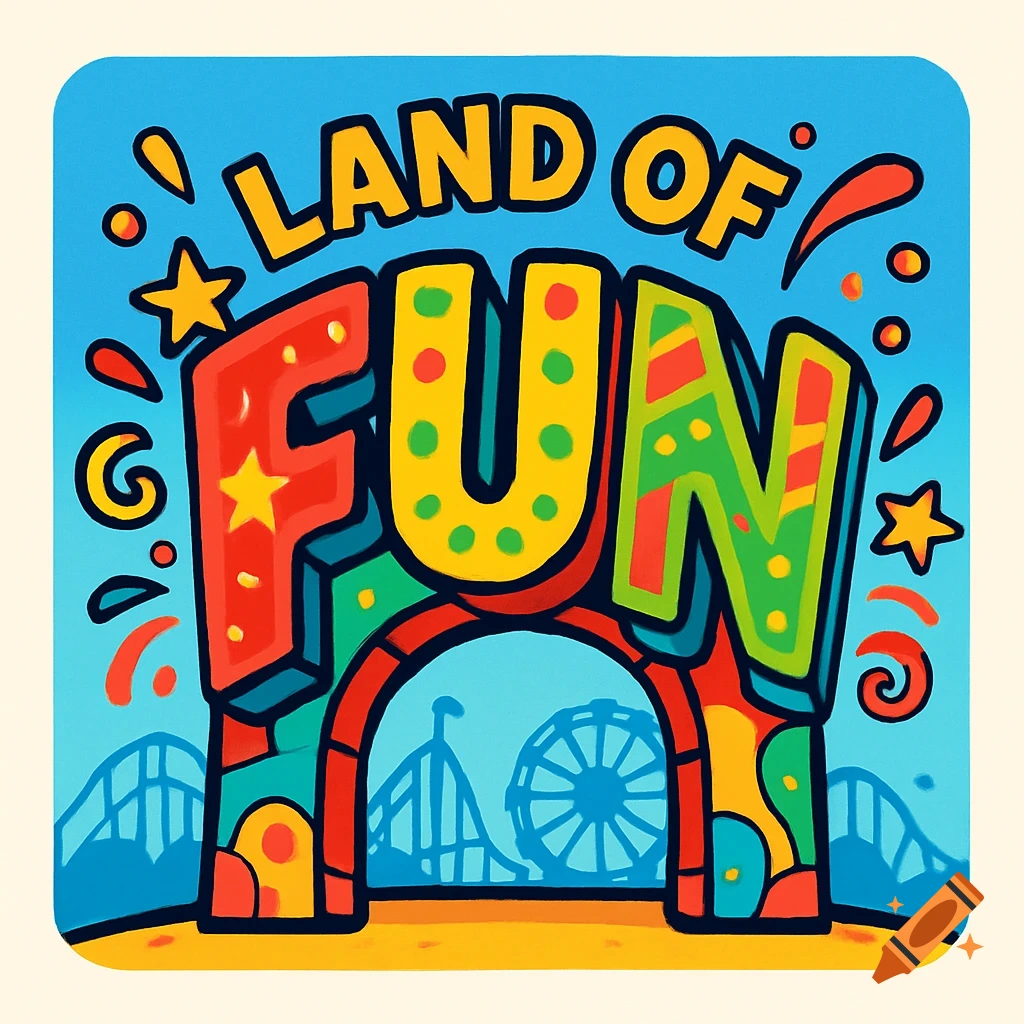 Vibrant, colorful illustration of a 'LAND OF FUN' logo, with an amusement park entrance and rides in the background.