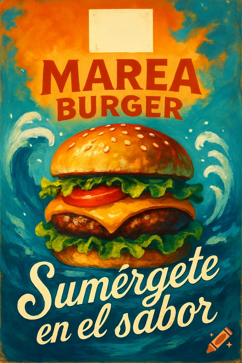 Vintage poster advertising a 'Marea Burger', featuring a large burger with ocean waves and an orange sky, and the slogan 'Sumérgete en el sabor'.