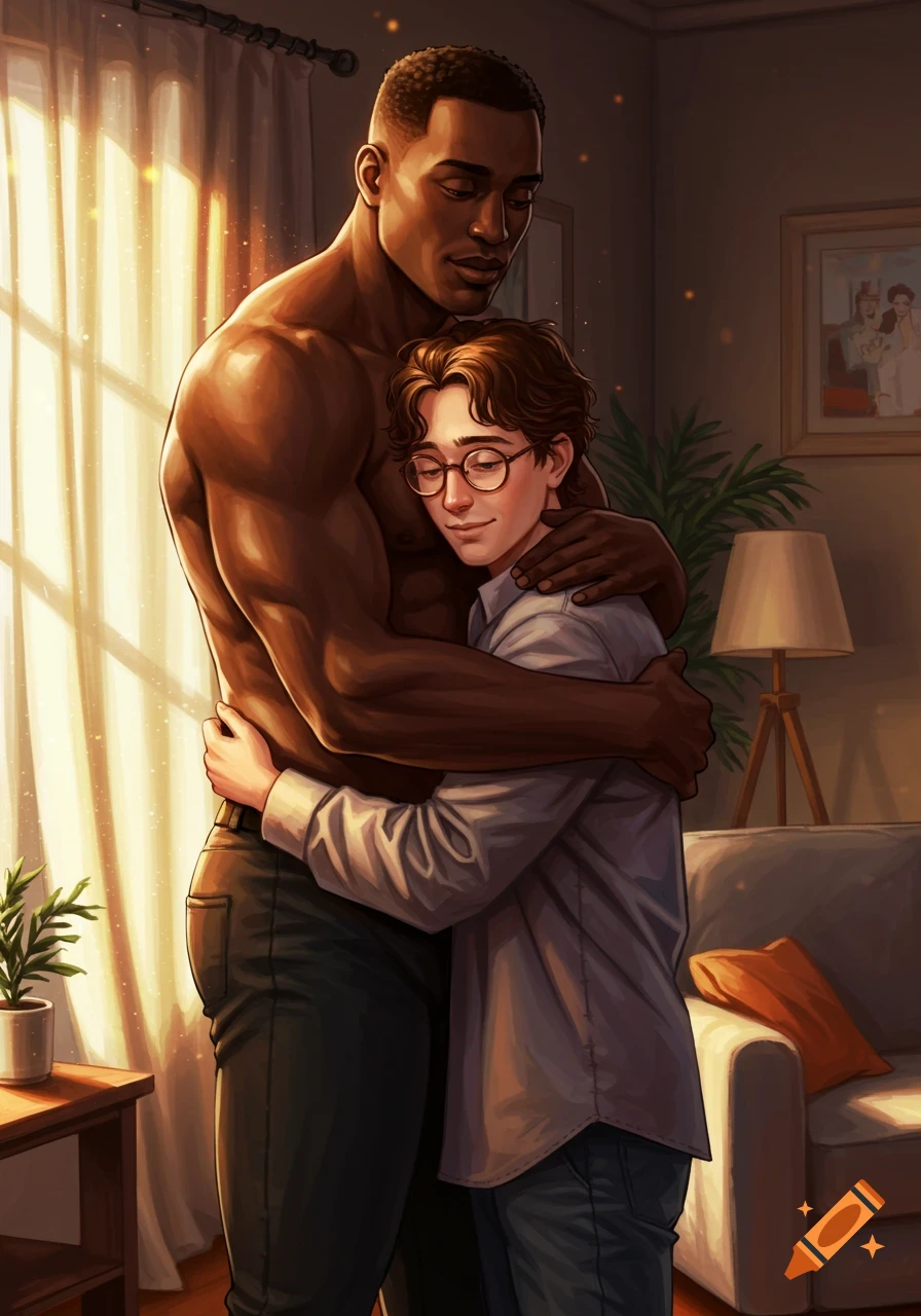 A muscular Black man in pants embraces a shorter white man with glasses in a warm, digitally painted indoor scene.
