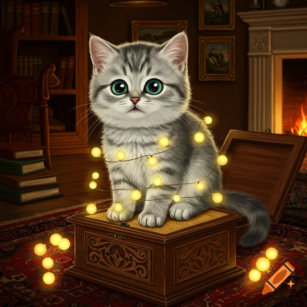 A cute fluffy grey tabby kitten with big green eyes sits on a wooden ...