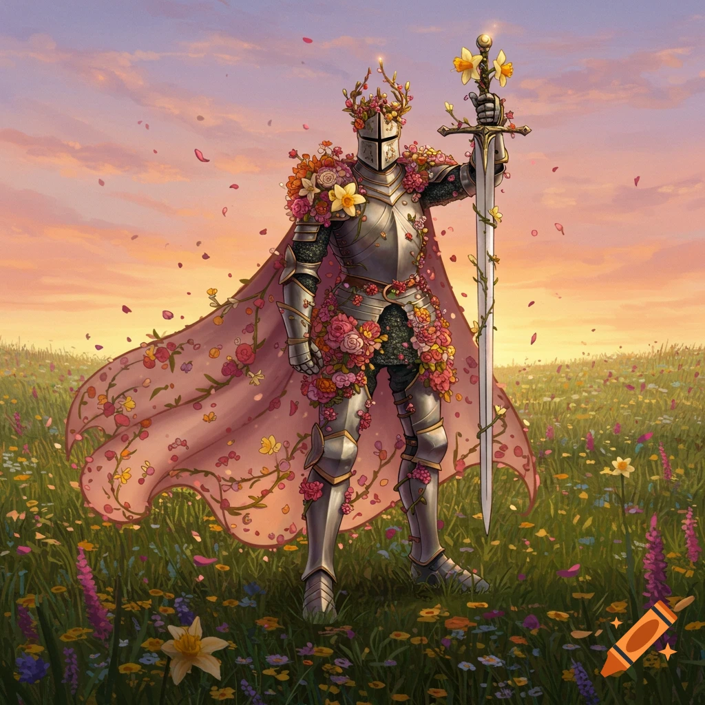 Illustrated knight in armor covered with colorful flowers, holding a flower-adorned sword in a sunset wildflower field.