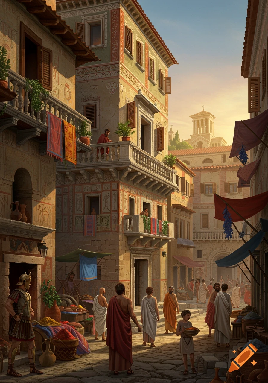 A detailed painting of an ancient Roman street market bustling with people in togas, surrounded by ornate buildings and a distant temple under a bright sky.