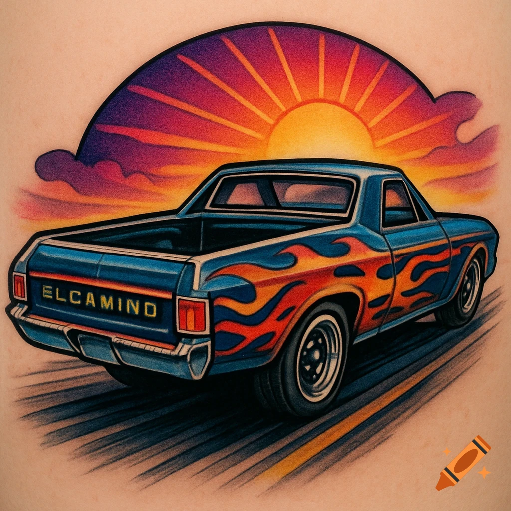 Stylized tattoo art of a blue El Camino car with orange flames, driving on a road against a vibrant sunset.