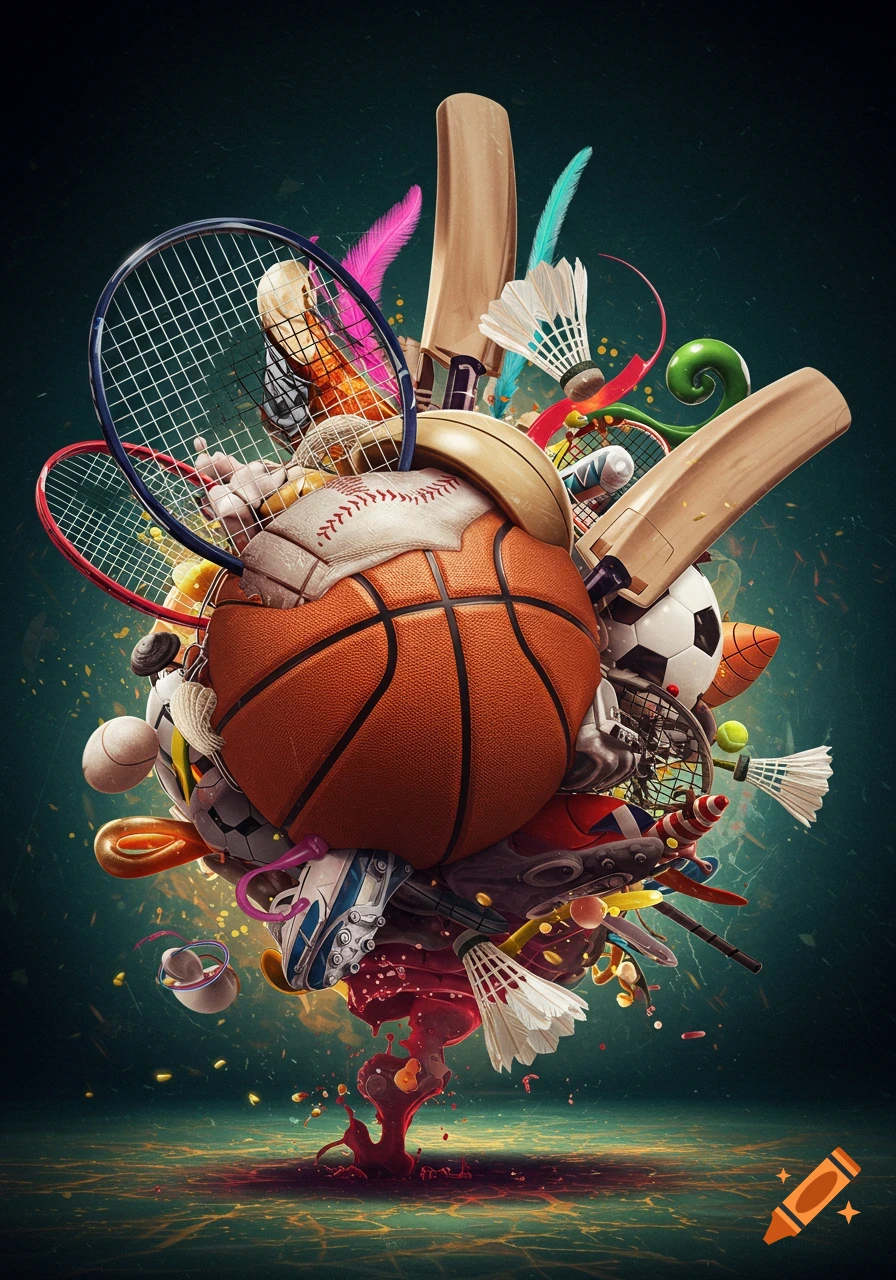 A vibrant, stylized compilation of various sports equipment including a basketball, baseball, soccer ball, tennis rackets, and cricket bats.