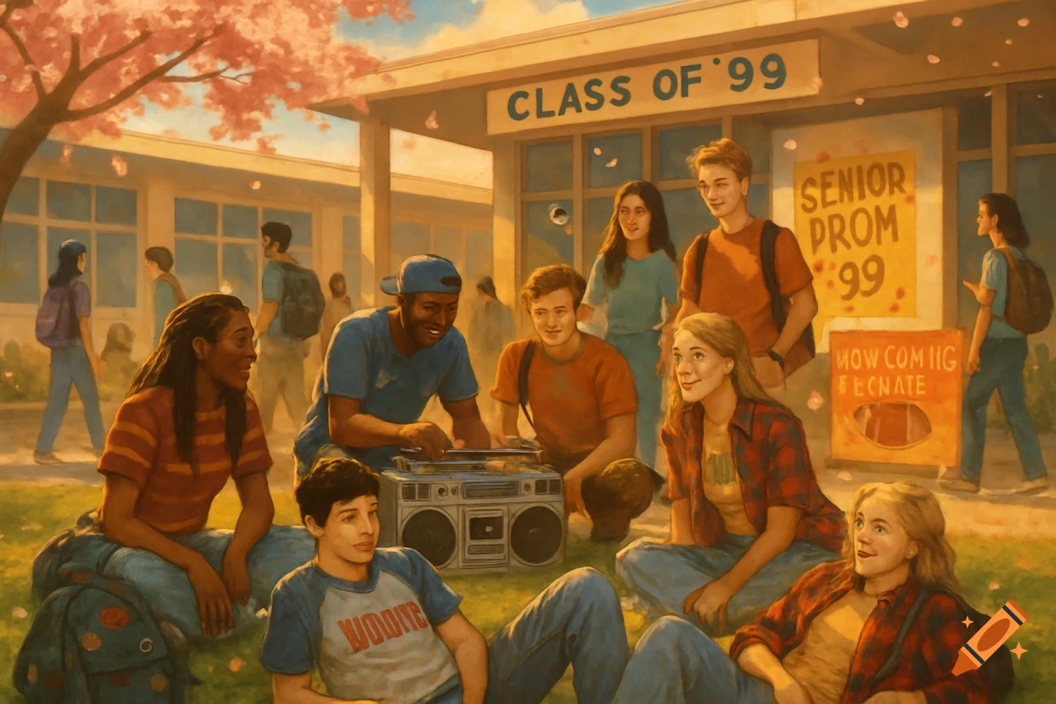 An oil painting depicts a diverse group of teenagers hanging out on a sunny spring day in front of a school building, labeled "Class of '99", with cherry blossoms falling.