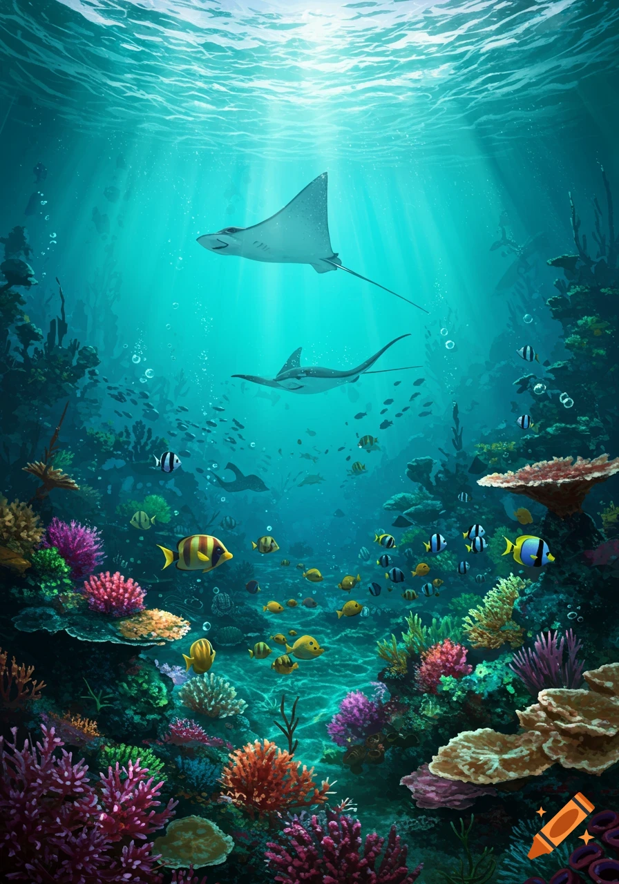 Vibrant underwater scene with stingrays and various colorful fish swimming around a beautiful coral reef illuminated by sunlight.