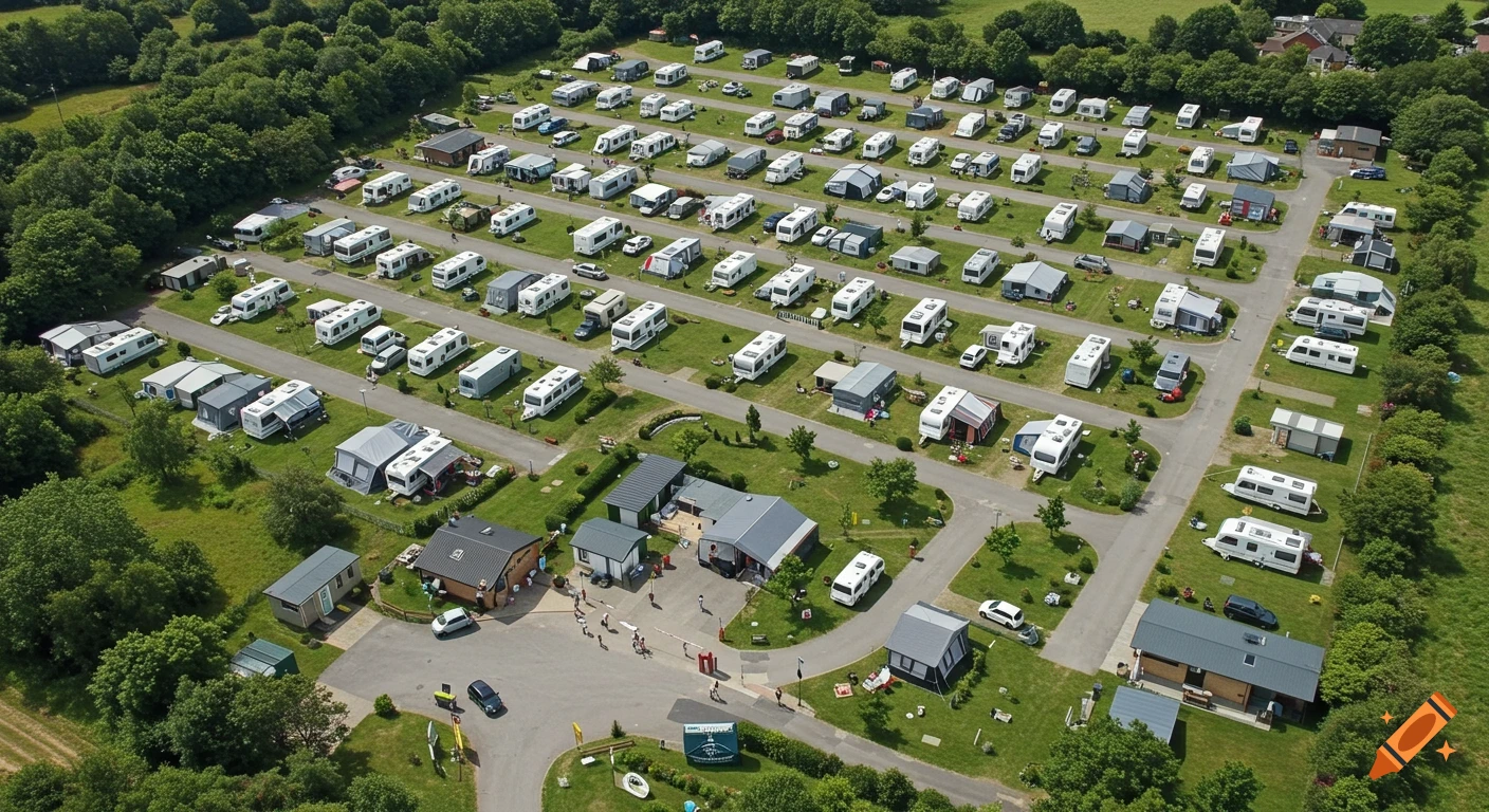 Aerial view of a large, bustling camping site filled with numerous caravans, tents, and buildings amidst green trees and grass under a clear sky.
