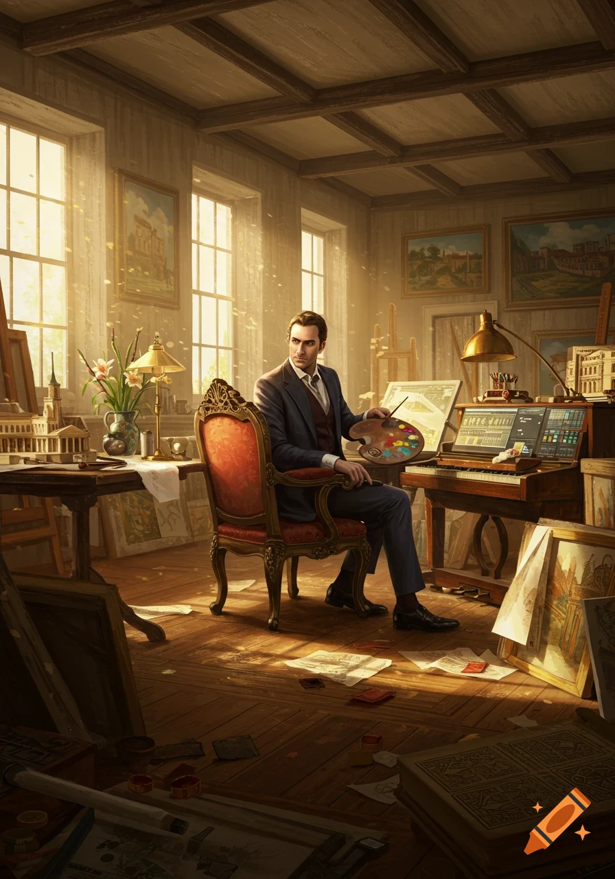 A man in a suit holds a paint palette and brush, seated in an ornate chair in a sunlit art studio filled with paintings and art supplies.