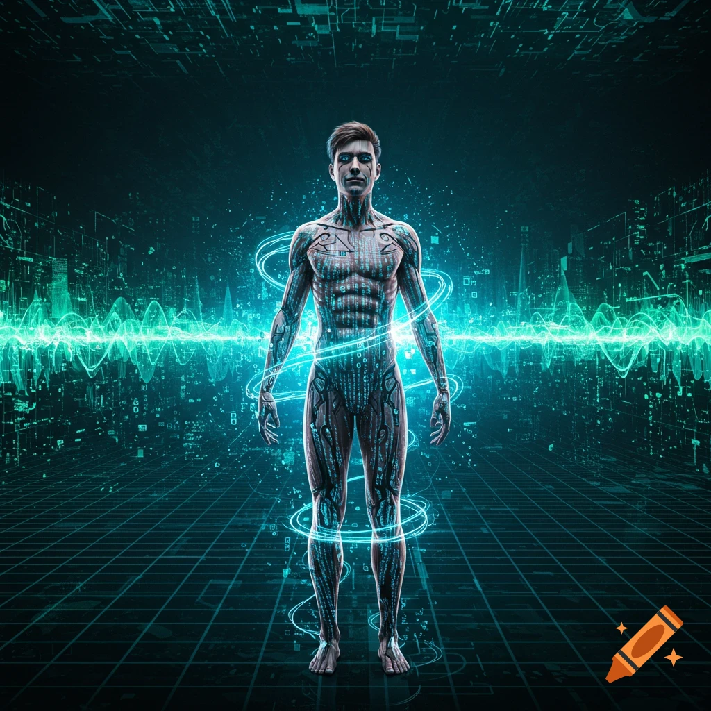 A digital man with binary code on his body stands centered in a dark, glowing green circuit board environment, surrounded by energy rings.