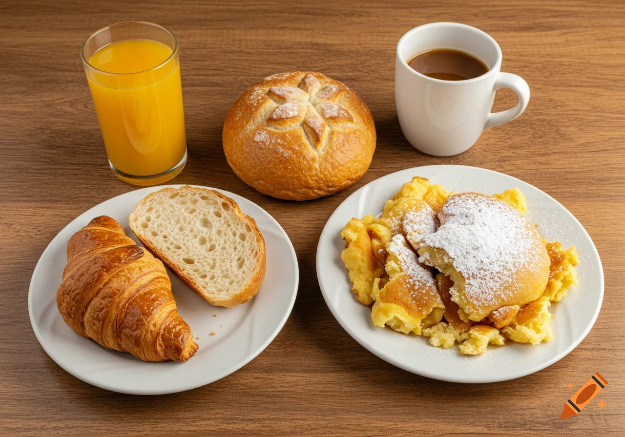 A photorealistic breakfast spread with orange juice, coffee, croissant, bread, Kaisersemmel, and powdered Kaiserschmarrn on a wooden table.