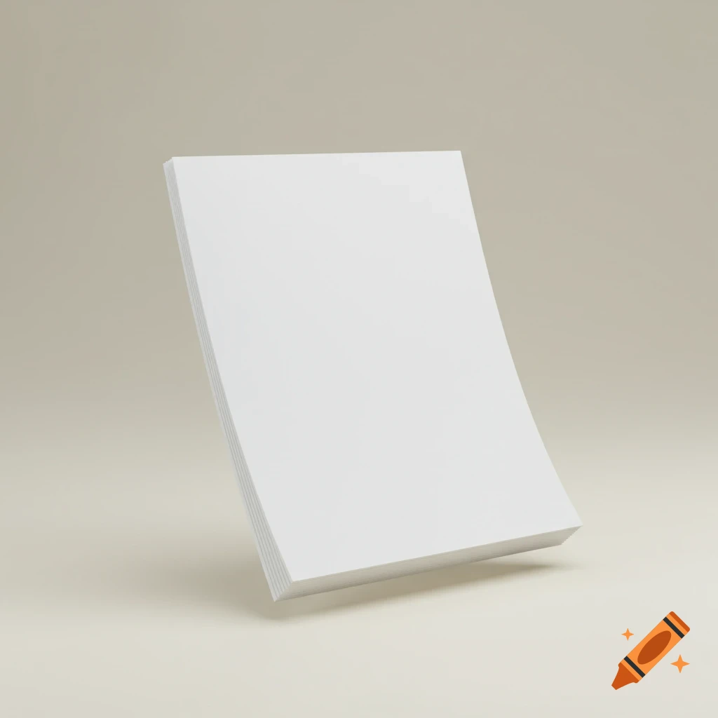 A blank white notepad or stack of paper, slightly tilted, on a light beige background.