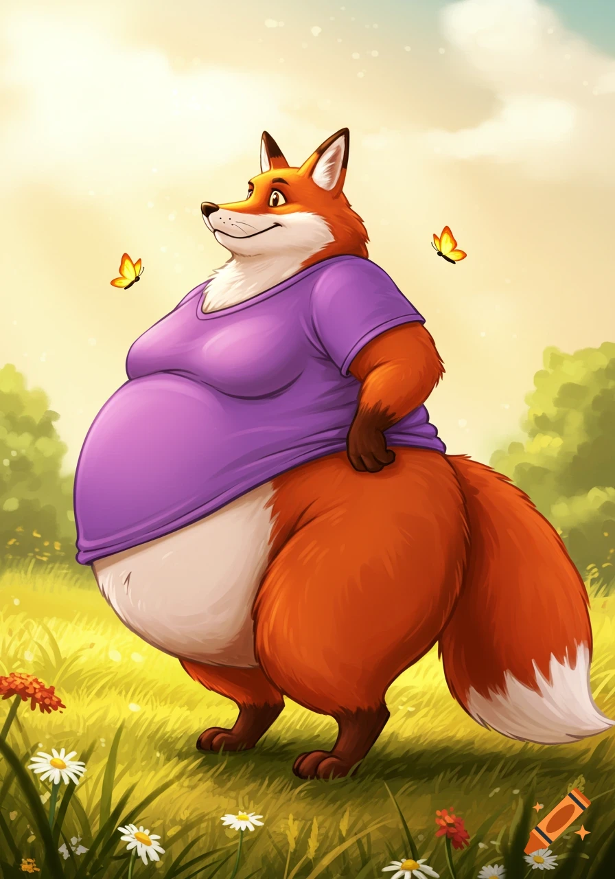 An obese red fox in a purple t-shirt stands in a sunny grassy field with butterflies, rendered in a 2D cartoon style.