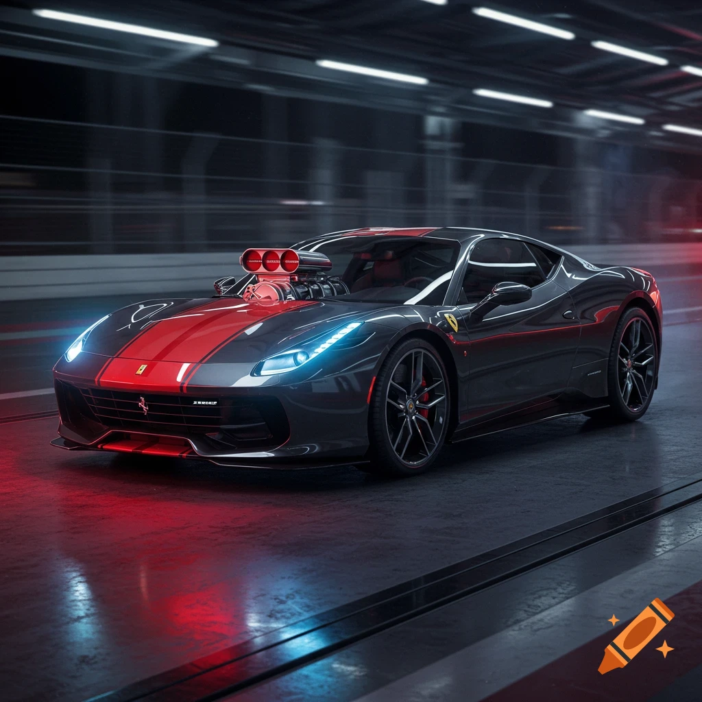 A custom black and red Ferrari with an exposed engine blower on the hood drives through a neon-lit tunnel.