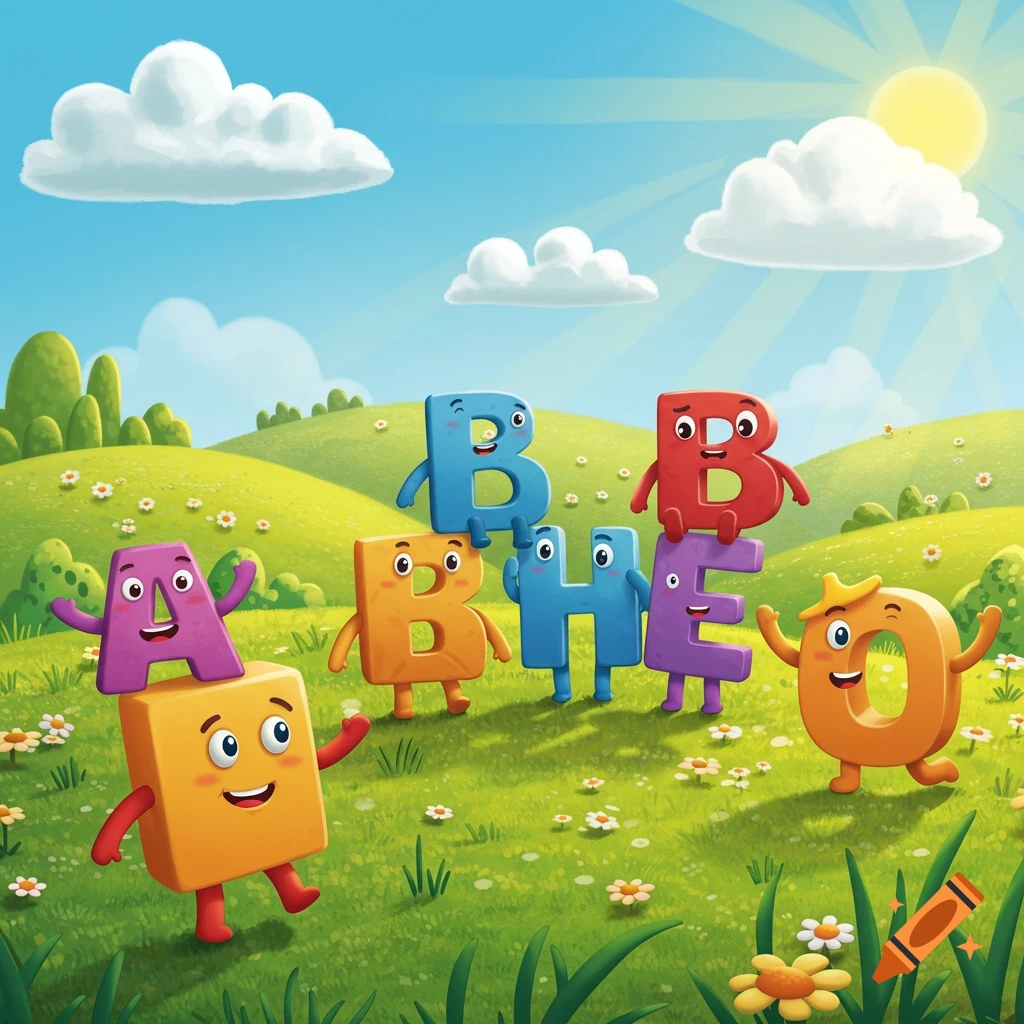 Colorful anthropomorphic alphabet letters A, B, H, E, O and a block character play in a sunny green field with flowers.