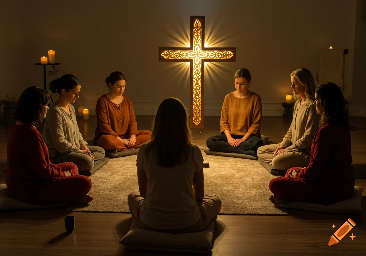A group of women meditating in a prayer circle around a glowing, ornate wooden cross in a dimly lit room.