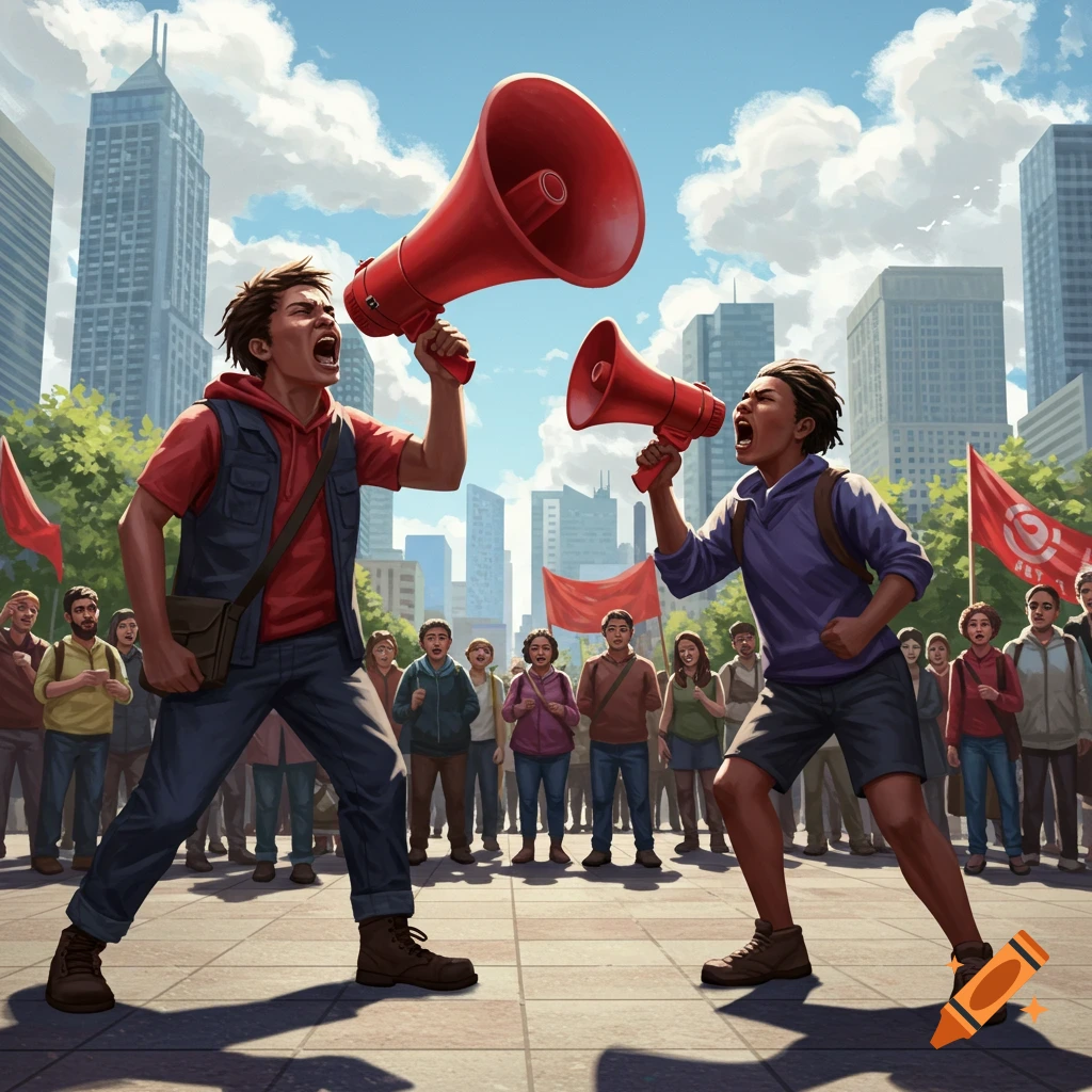 Two people yell into red megaphones at a protest in a city square, surrounded by a crowd and buildings, in an illustrative style.