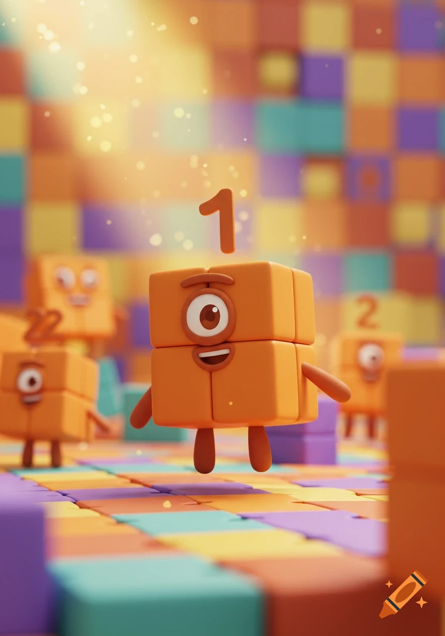 A 3D animated orange Numberblock 1 character with one eye and a floating '1' stands on a colorful block floor.
