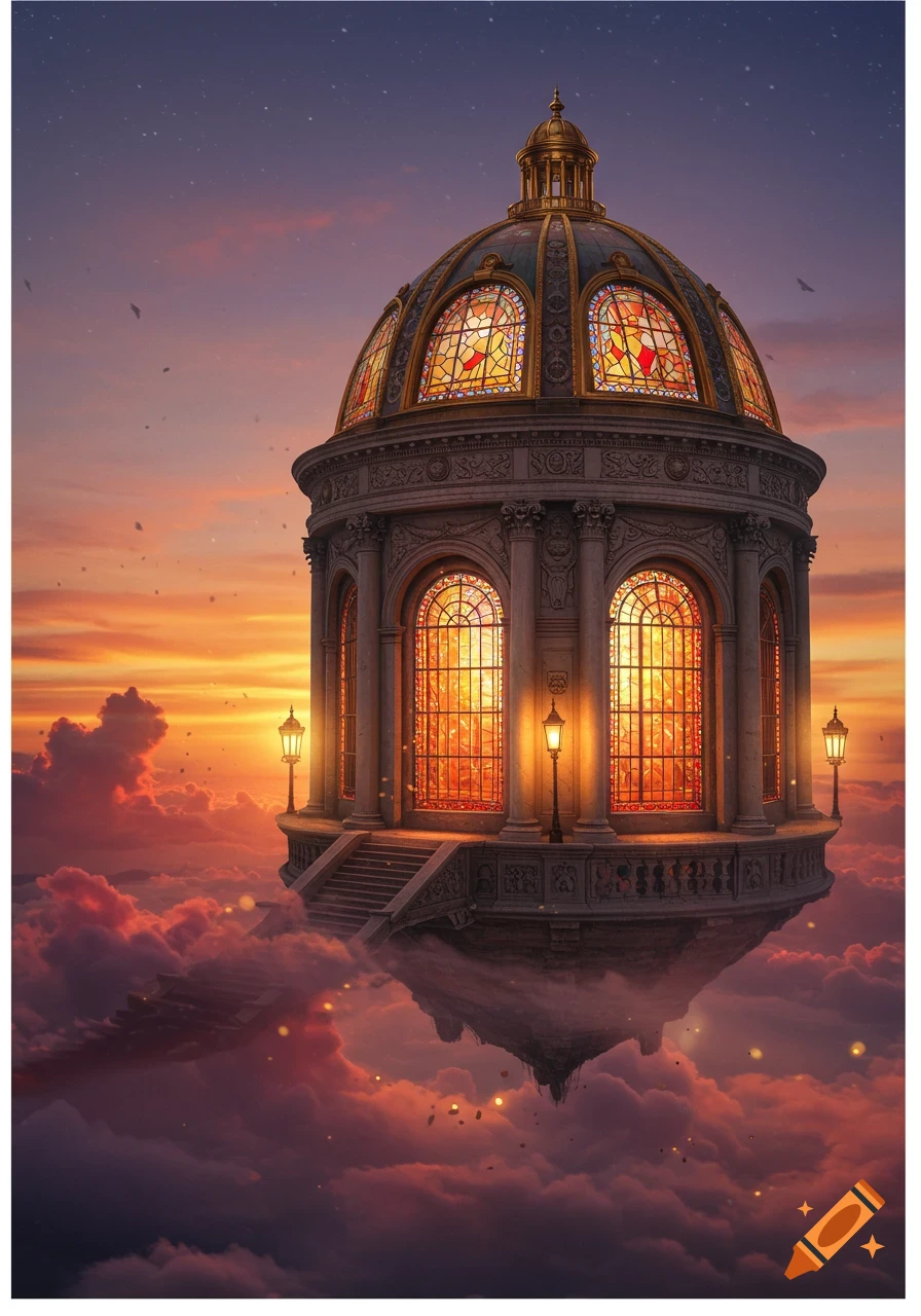An ornate domed building with glowing stained glass windows floats ...