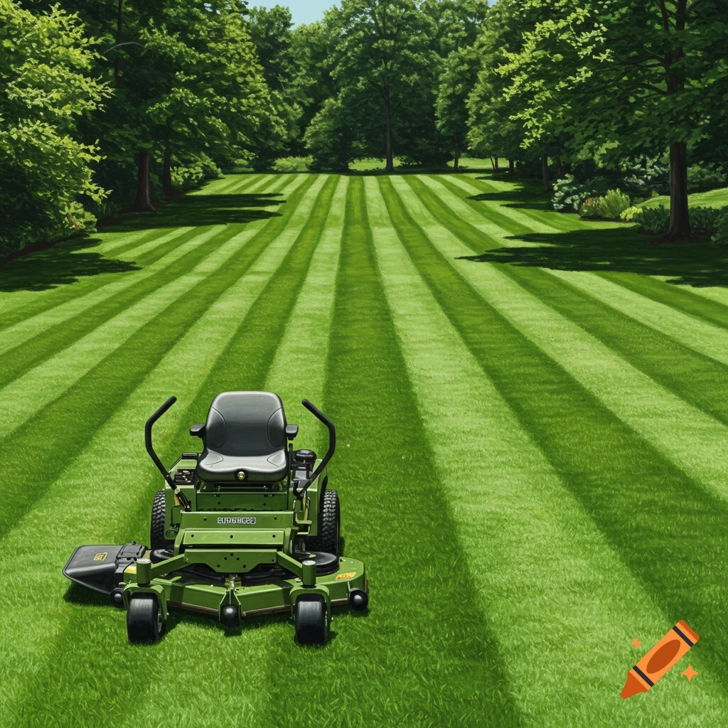 A green ride-on lawnmower sits on a perfectly striped green lawn in front of a line of trees.