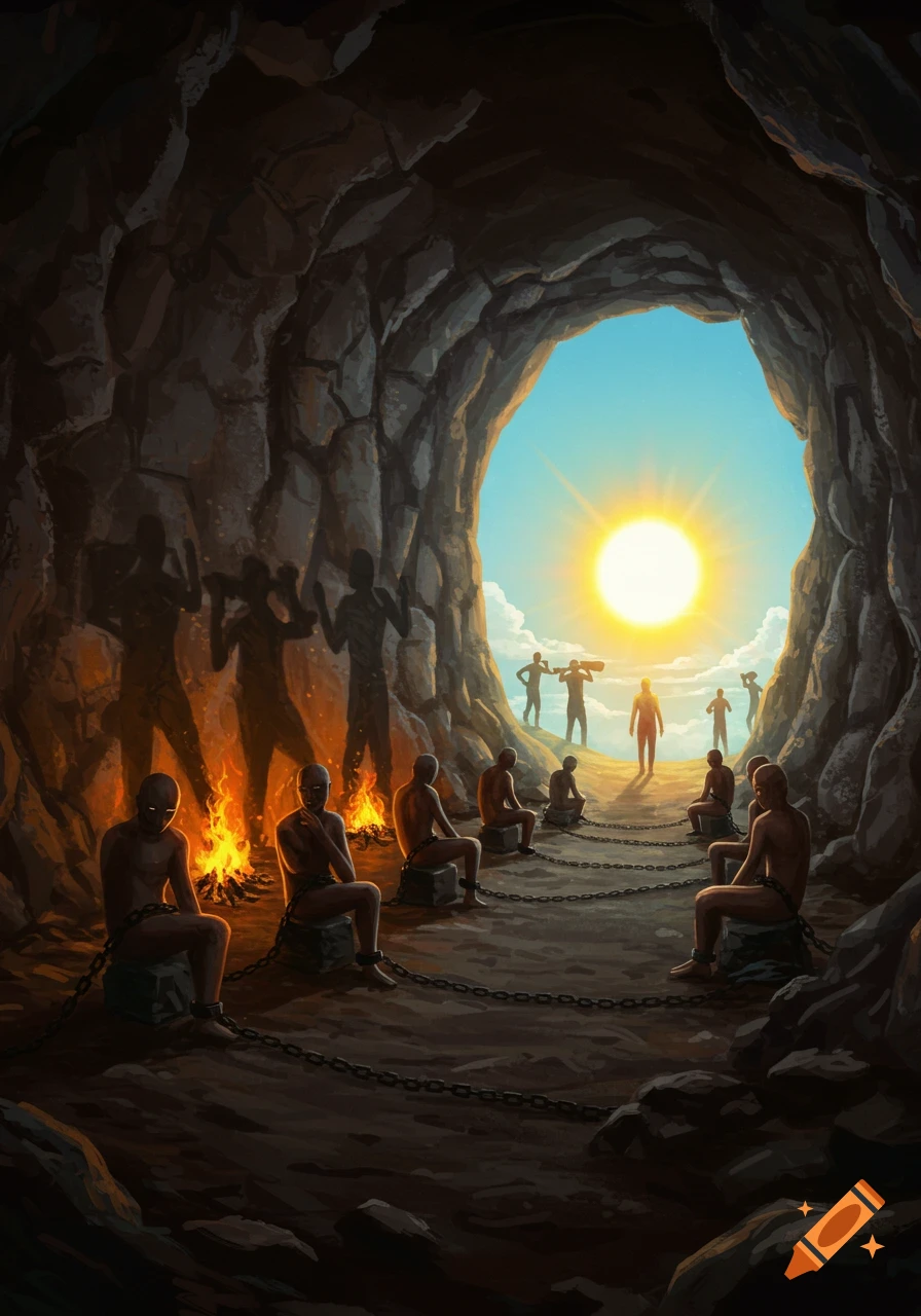 Stylized illustration of people chained in a dark cave watching shadows on a wall, while others walk towards a bright sun outside.