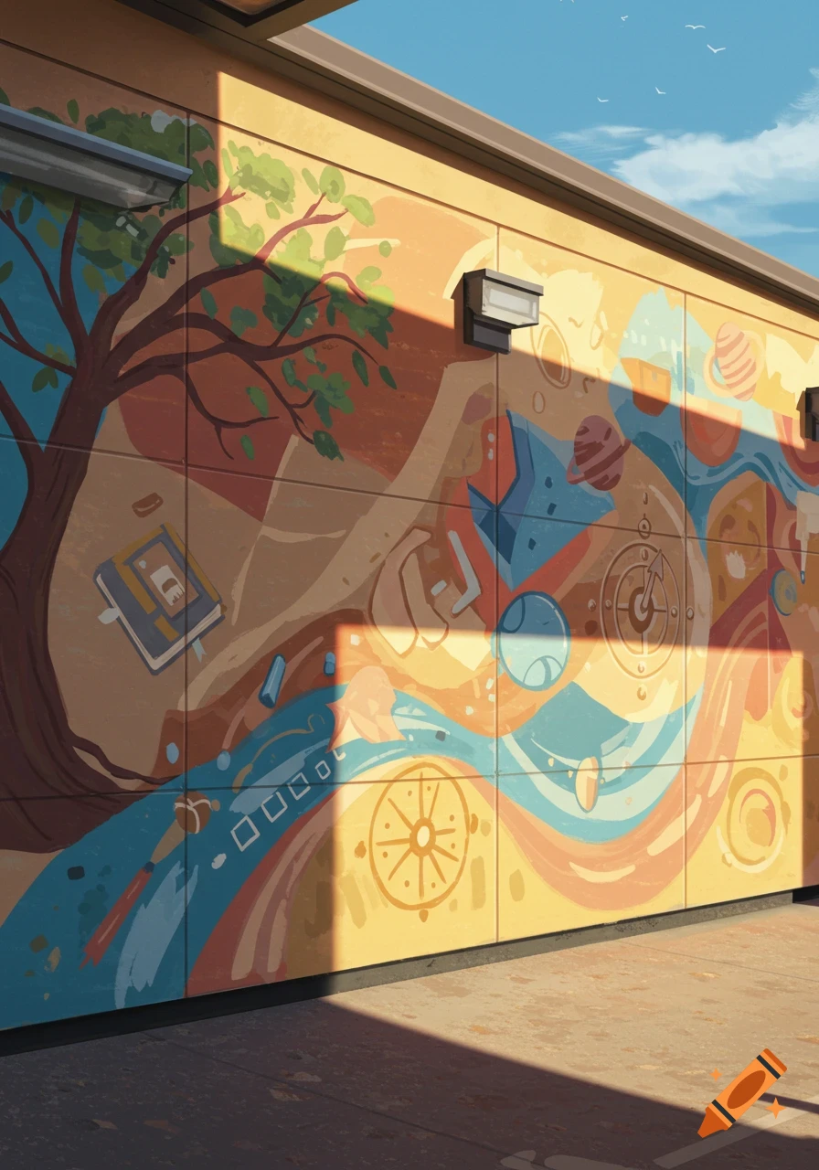 Vibrant mural on a school building wall depicting a tree, book, planets, and geometric shapes under sunlight.