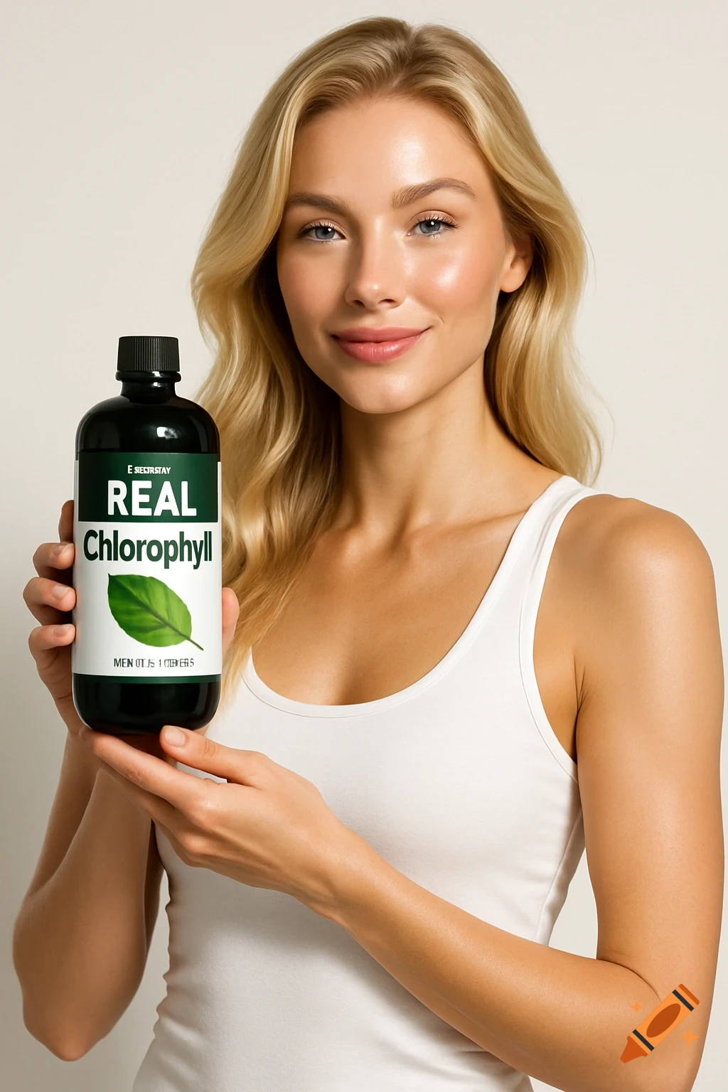 A smiling blonde woman in a white tank top holds a dark green bottle of "REAL Chlorophyll" in a hyper-realistic commercial photo.