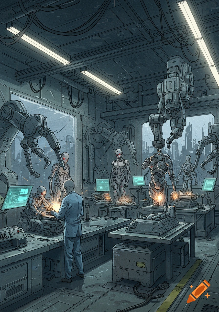 A cel-shaded futuristic factory where a man oversees robots and mechanical arms assembling cyborgs at various workstations.
